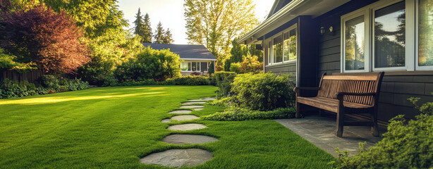 This charming residence features a flat front yard adorned with vibrant plants, stone pathways, and a wooden bench that invites relaxation under the warm glow of evening light.