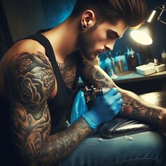 Tattoo artist with ink dappled arms – Etching permanent expres