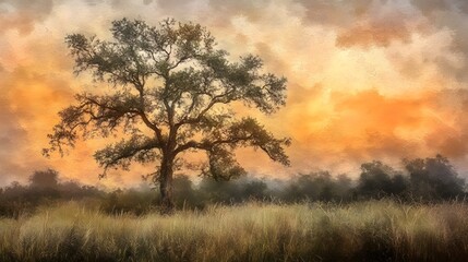 Obraz premium Golden Hour Sunset Landscape Lone Tree in Grassland