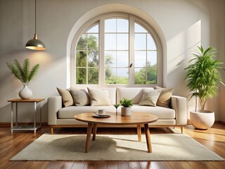 Fototapeta premium Minimalist White Living Room Interior with Arch Window & Round Coffee Table - Stock Photo