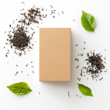 Organic Tea Bag Box Mockup with Loose Tea Leaves Scattered Around