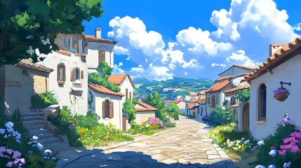 Fototapeta premium Sunny Mediterranean Village Street Cobblestone Road Houses Flowers