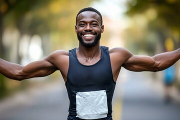 Athlete crossing the finish line arms spread wide in victory after a long race.