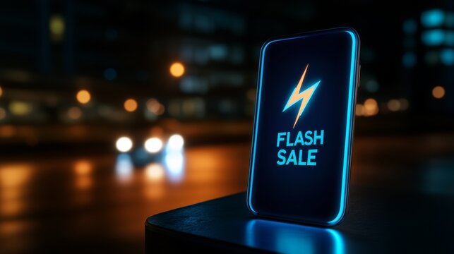 Dynamic Flash Sale Alert on Smartphone Screen with Vibrant City Lights in the Background - Powered by Adobe