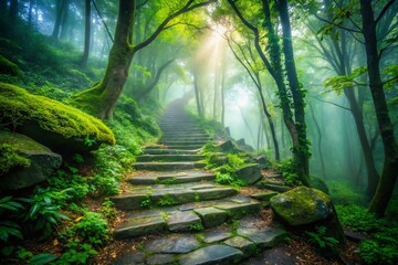 Misty Forest Path: Stone Steps Leading Through Foggy Woods - Long Exposure Photography