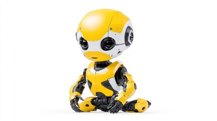Cute yellow robot meditating on white background; technology illustration