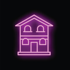 Bright violet neon sign in the shape of a house with a door, four windows, and a roof, glowing on a black background