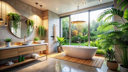 Fototapeta premium Modern Bathroom Interior Design: Stylish & Realistic Space with Natural Light