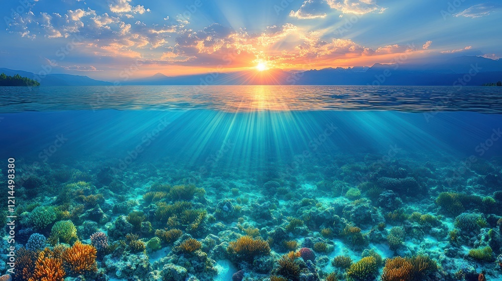 Poster Sunset over coral reef, tropical ocean, underwater scene