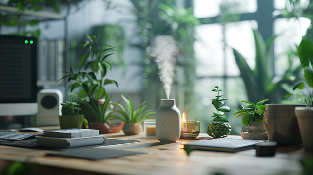 Calm office space with plants, diffuser, and natural light, promoting focus, clarity, and productivity.