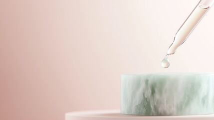 Fototapeta premium Minimalist skincare scene with a dropper releasing serum onto a green marble pedestal against a soft pink background.