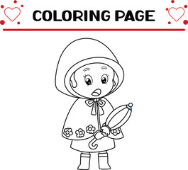 little girl with raincoat hood is holding umbrella coloring page for kids