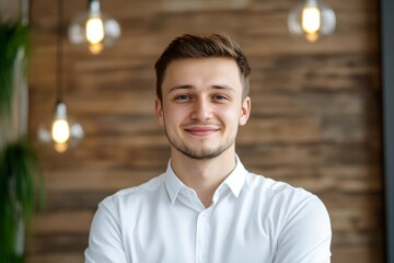Profile picture of happy young Caucasian male employee worker look at camera posing in office workplace, headshot portrait of smiling businessman boss show confidence and success, Generative AI