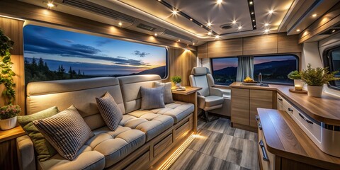Fototapeta premium Modern Camper Van Interior Long Exposure Photography: Cozy & Minimalist Design
