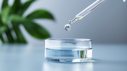 Close-up of pipette dripping liquid into a glass container with a blurred plant in background, highlighting scientific exploration.
