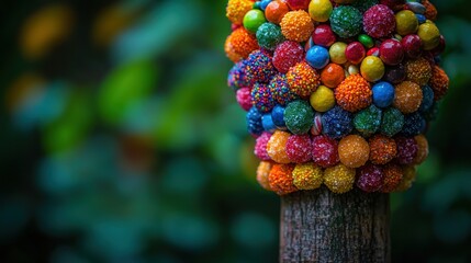 Fototapeta premium Whimsical Candy Cluster on Tree Trunk: A Close-up of Colorful Spheres