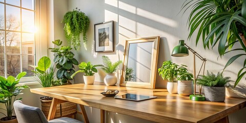 Fototapeta premium Modern Home Office Desk Setup with Mockup Frame, Plants & Mirror - Bright Interior Stock Photo