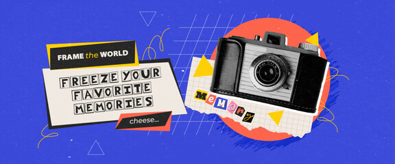 Retro grunge paper textured background with old retro halftone camera collage. Cutout magazine text, grunge hand drawn and doodle elements. Concept of freezing memories.