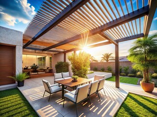 Fototapeta premium Modern Pergola Patio Shade Structure with Awning: Double Exposure Stock Photo