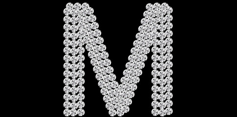 Silver Rhinestone Diamonds Alphabet Letter M Luxury Text Design Vector Illustration, Capital Diamonds Letter M On Black Background.	