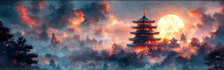 Fototapeta premium A Japanese pagoda under moonlight surrounded by vibrant clouds, perfect for cultural art, travel designs, and serene visuals.