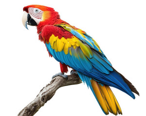 Fototapeta premium Vibrant parrot perched on branch, showcasing bright red, yellow, and blue feathers. This stunning bird adds tropical touch to any setting