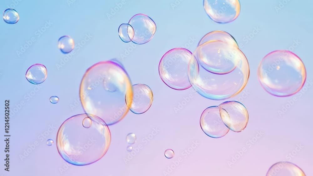 Poster Multiple iridescent soap bubbles of varying sizes float against a soft, pastel colored background, creating a dreamy and ethereal atmosphere
