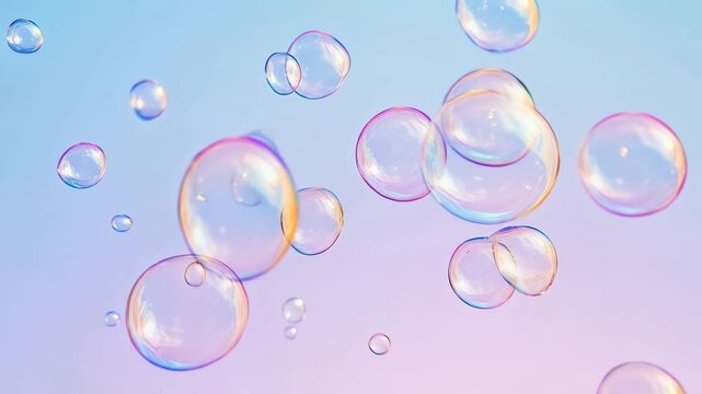 Multiple iridescent soap bubbles of varying sizes float against a soft, pastel colored background, creating a dreamy and ethereal atmosphere
