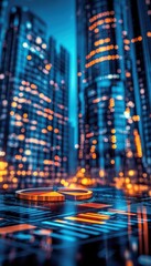 Fototapeta premium Night cityscape with glowing buildings and a pie chart. Data visualization in urban setting.