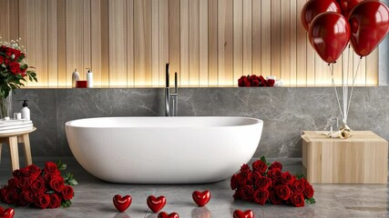 Experience a beautifully arranged bathroom featuring red roses, heart decorations, and balloons for a romantic atmosphere - Powered by Adobe