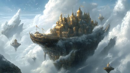 Golden City Above Clouds  Fantasy Floating Island