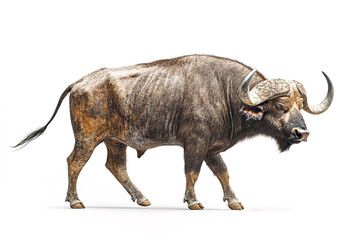 Obraz premium A powerful African buffalo bull with massive, curved horns walks confidently against a white background. Perfect for wildlife, nature, and safari themes. Wildlife Animals.