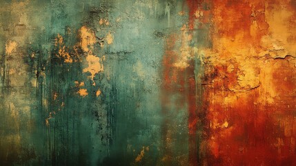 Painting of a red wall with green accents creating a vibrant artistic composition