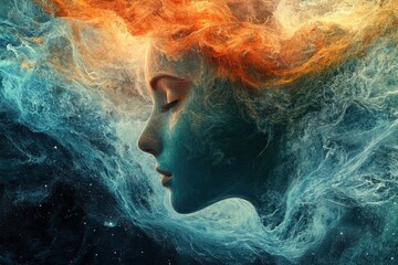 Fototapeta premium Woman with a fiery head illustration in the center of her face against a dark background