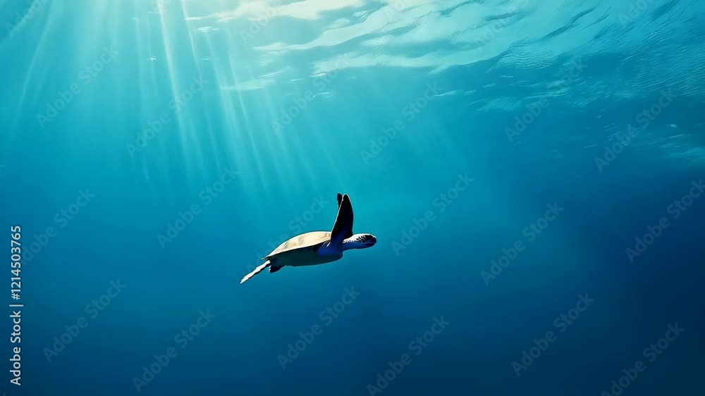 Poster Sunbeams filtering through the water illuminate a sea turtle gliding gracefully in the deep blue ocean, creating a serene and captivating underwater scene filled with tranquility