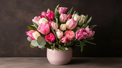 Fototapeta premium Luxurious and romantic floral arrangement featuring a stunning display of vibrant pink roses and delicate white tulips in a vase creating a beautiful and elegant centerpiece for any occasion