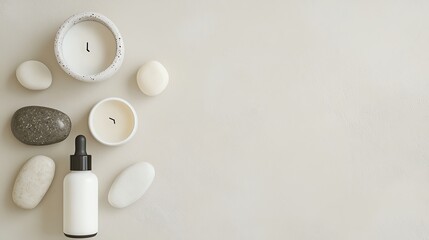 Minimalistic spa setup with candles, pebbles, and a serum bottle on a light background, evoking relaxation and tranquility.