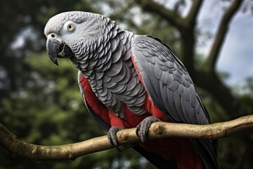 Obraz premium Exotic African Gray Parrot Perched on a Branch. Tropical Bird with White and Red Feathers in Full View