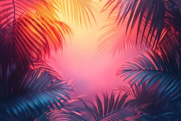 Tropical background featuring lush green palm leaves against a bright blue sky and soft white clouds