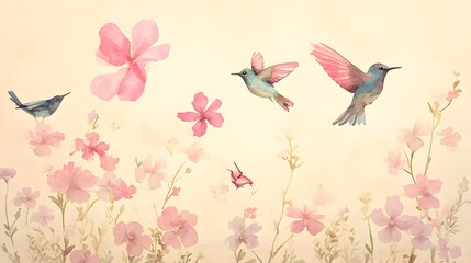 Watercolor Hummingbirds and Flowers  Spring Floral Birds  Pastel Bird Art