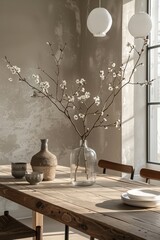 A serene dining space featuring minimalist decor and floral arrangements.