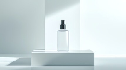 Minimalist clear spray bottle on a white geometric backdrop. Modern and elegant composition with soft lighting.