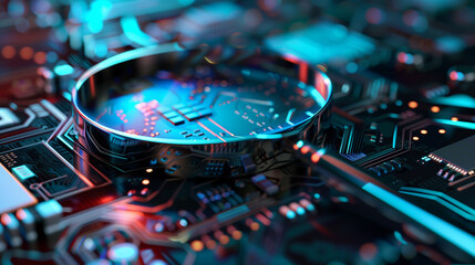 Naklejka premium Blue Light AI Chip Analysis with Magnifying Glass, Illustrating Advanced Data Processing and Machine Learning Technology