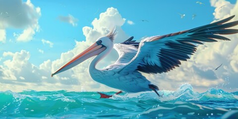 Pelican Taking Flight Over the Ocean
