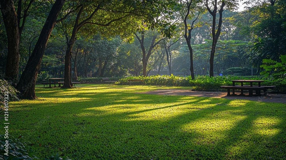 Poster early morning light bathes the park in a warm glow, illuminating the lush greenery and creating long