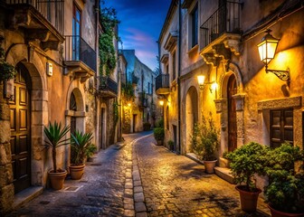Fototapeta premium Mysterious Night in Syracuse, Sicily: Old Town Charm Under Low Light