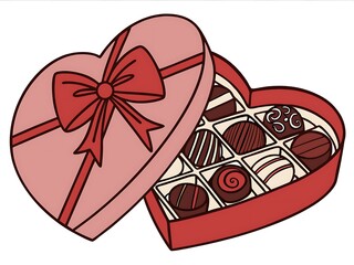 "Heart-shaped chocolate box with a red bow, filled with assorted chocolates, perfect for gifting on Valentine's Day and special celebrations."