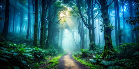Naklejka premium Mysterious Silhouette Pathway: Foggy Forest at Dusk