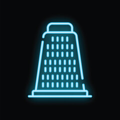 Blue neon sign depicting a cheese grater, perfect for themes of cooking, restaurants, and italian cuisine