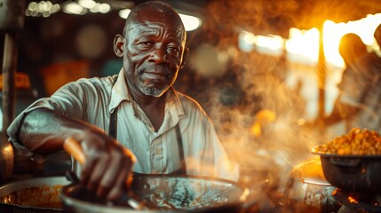 A skilled chef prepares traditional dishes amidst vibrant kitchen atmosphere.